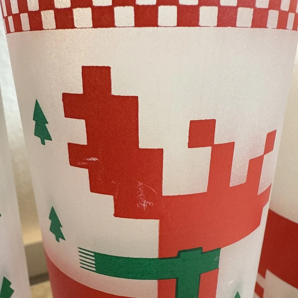 4 VTG Frosted 1984 CHD Cross Stitch Pixelated Deer XMAS Trees 12 oz Tumbler/Cups
